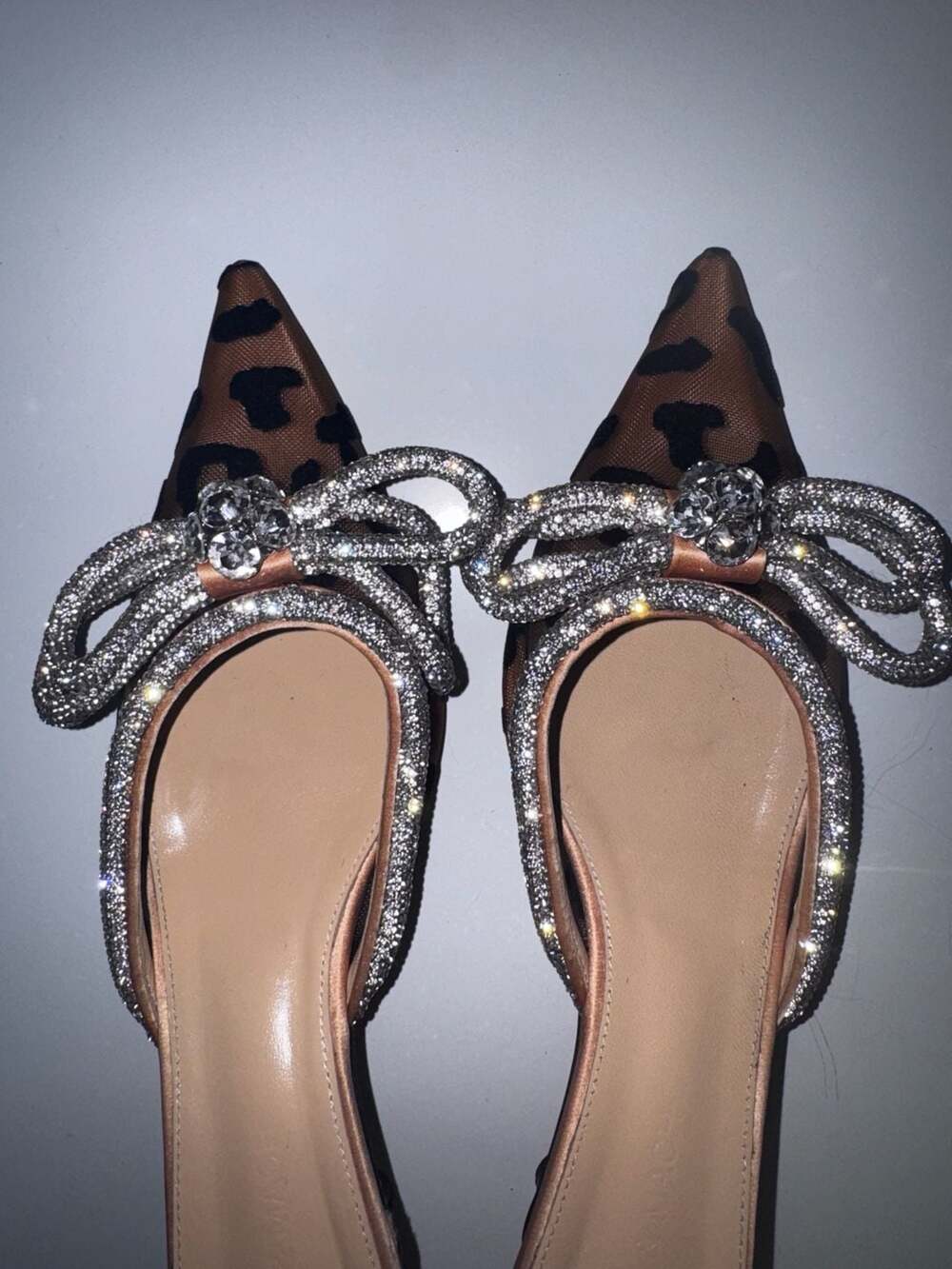 Mach & Mach Double Bow Crystal-Embellished Leopard-Print Satin Mules